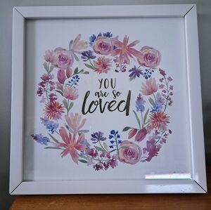 YOU ARE SO LOVED framed art glass wood frame white pink floral nursery print